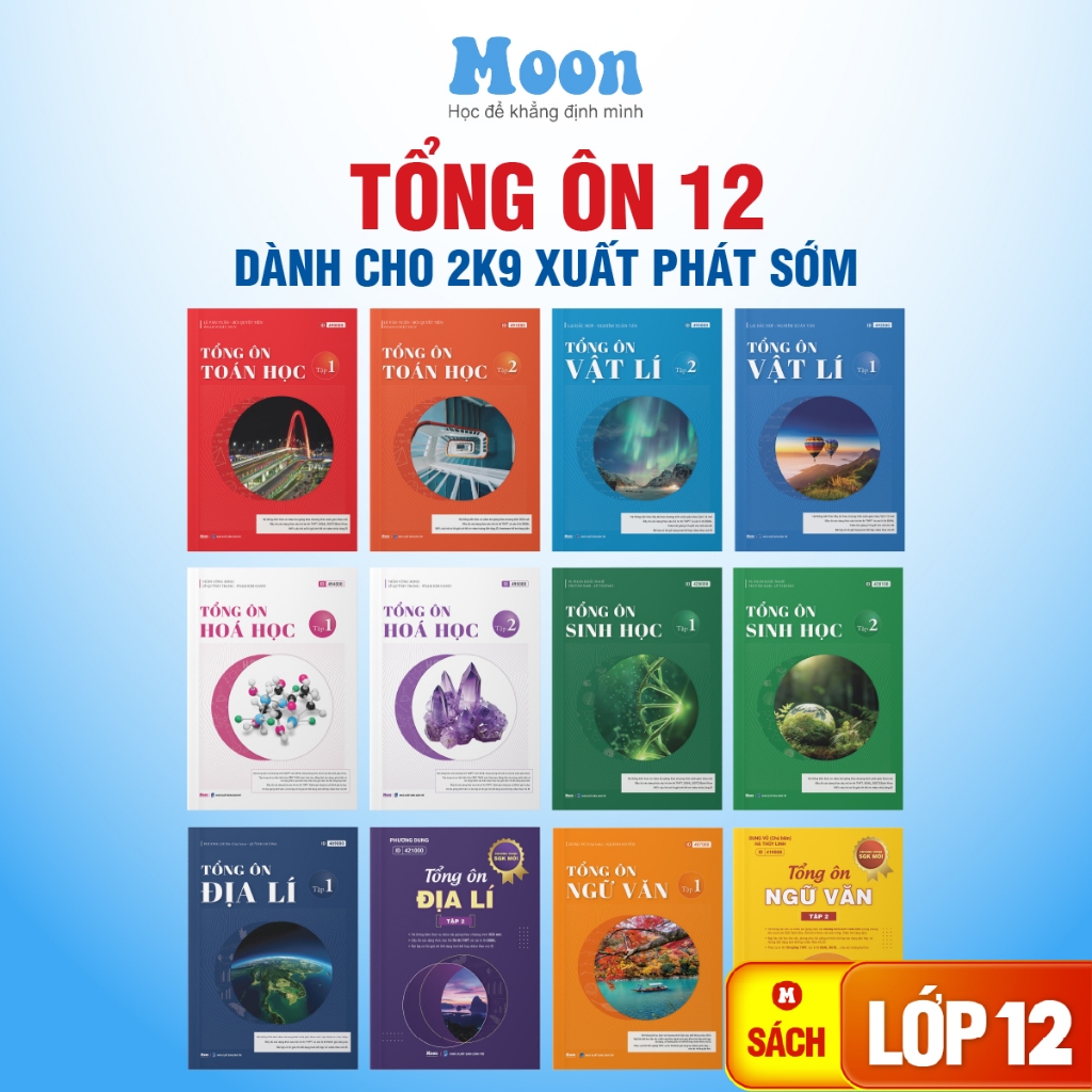Sách Tổng Ôn Lớp 12 THPT 2026 MoonBook – Full Toán Lý Hóa Sinh Văn Anh Sử Địa | Ôn Thi ĐGNL + Video Giải