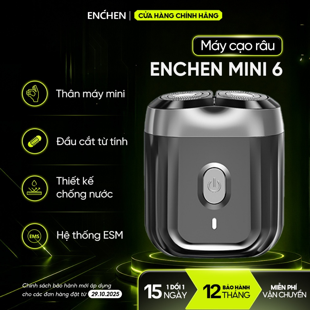 Máy cạo râu Enchen Mini 6 lưỡi dao kép mỏng, chống nước IPX7, pin sử dụng đến 2 tháng - BH 12 tháng