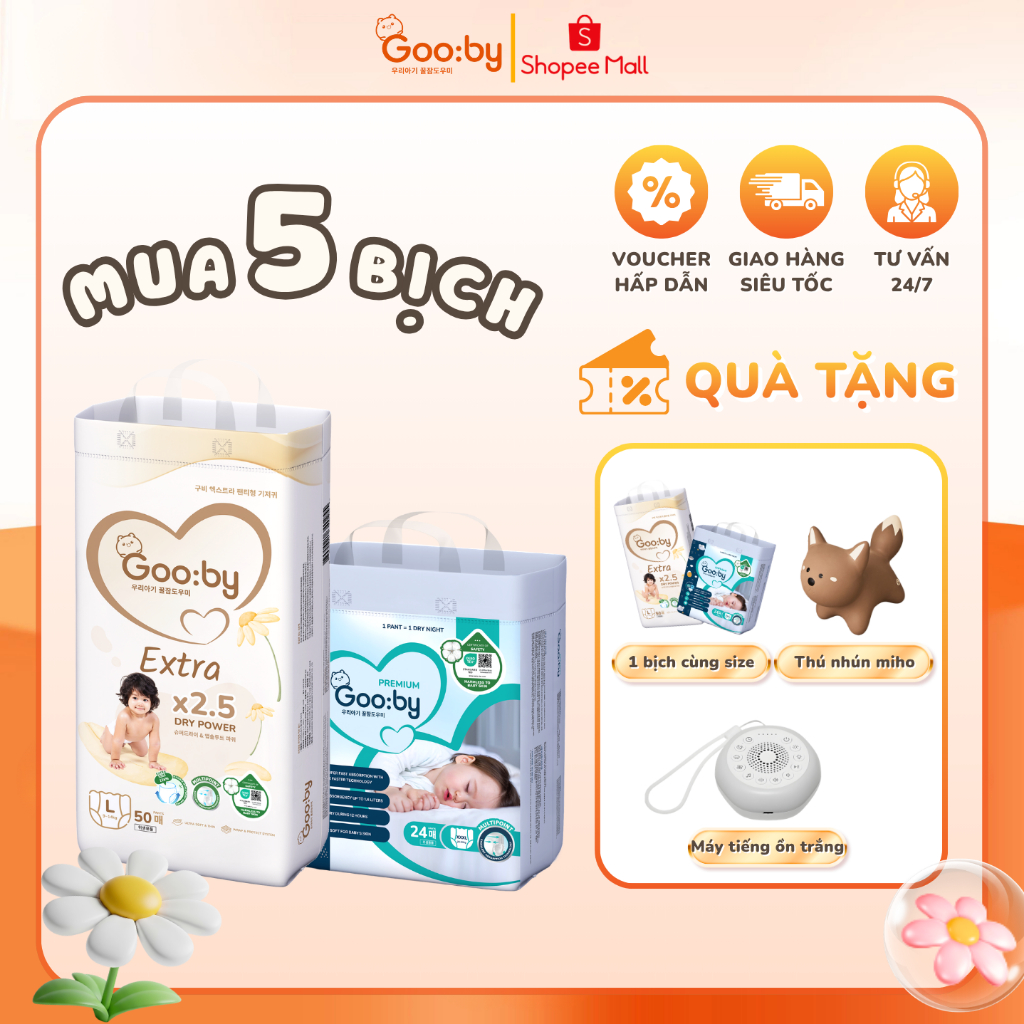 [Mua 5 tặng 1] Combo 5 Bỉm Gooby Extra/Premium chống tràn, thấm hút tốt, đủ size cho bé NB/S/M/L/XL/3XL/4XL