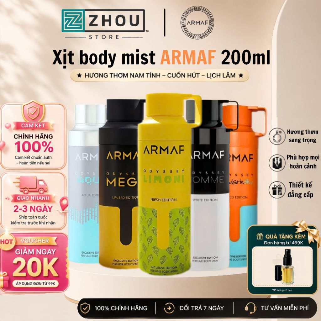 Xịt Khử Mùi Body Mist Lưu Hương Lâu Hương Nước Hoa ARMAF Odyssey Limoni, Candee, Spectra,Mega,Homme Fresh Edition 200ml.