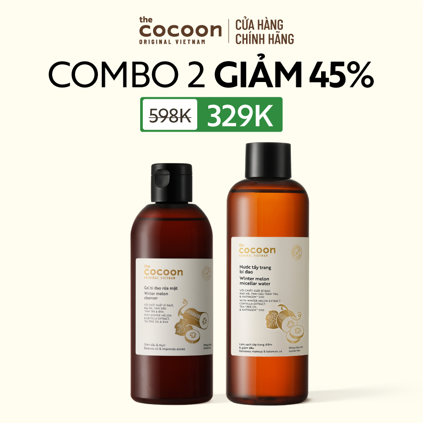 [MUA 2 GIẢM 45%] Combo Nước tẩy trang bí đao 500ml & Gel rửa mặt bí đao 310ml tẩy sạch makeup & giảm dầu Cocoon