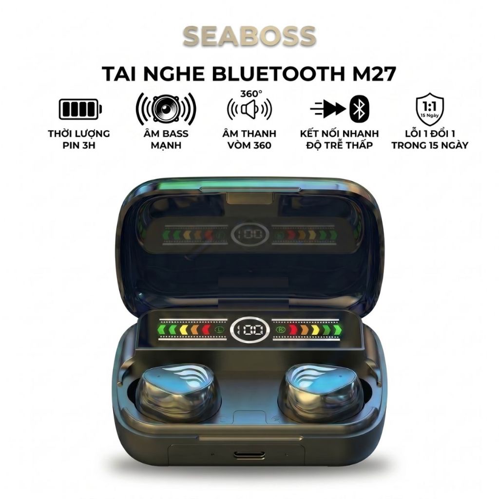 Tai nghe Bluetooth không dây Pin 3H, bass mạnh, kết nối nhanh, âm thanh vòm 360, mic chống ồn