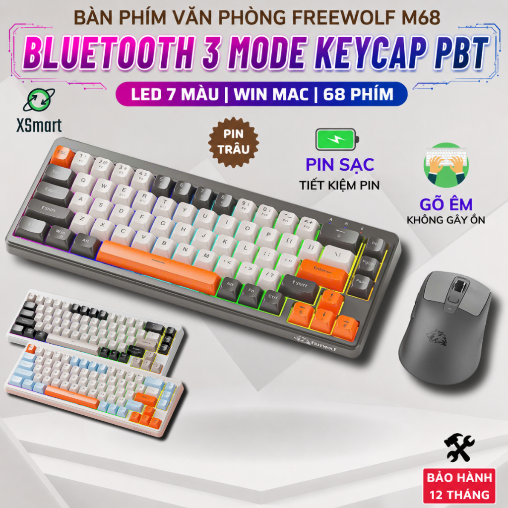 Bộ Bàn Phím Và Chuột Bluetooth FreeWolf M68 LED Pro Gõ Siêu Êm Pin Sạc Keycap PBT Cho PC Lap