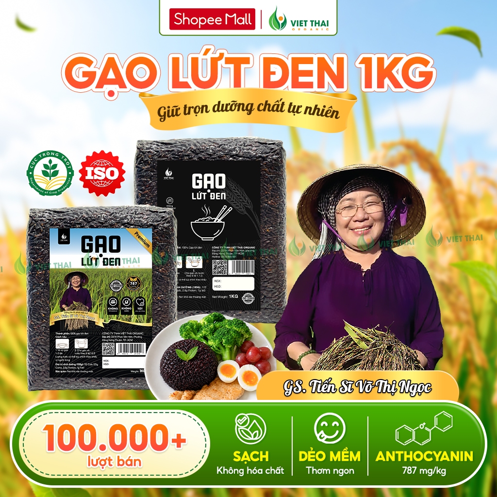 [SIÊU NGON] Gạo Lứt Đen Việt Thái Organic - Gạo Sạch Dẻo Mềm Ít Calo Không Cần Ngâm Eat Clean Túi 1Kg