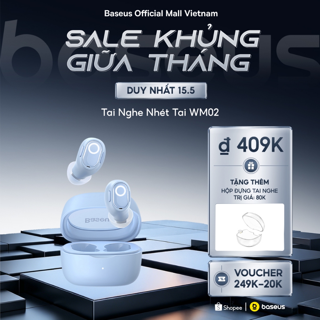 Tai nghe nhét tai không dây BASEUS WM02 bluetooth 5.3 TWS chống ồn thời lượng pin lên đến 25 giờ