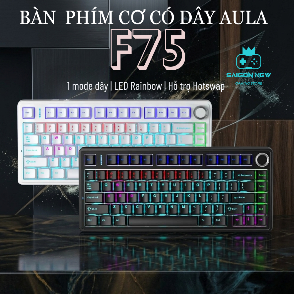 Bàn phím cơ có dây Aula F75 thích hợp pc,laptop,máy tính - Hỗ trợ hotswap mạch 5pin - Có núm xoay tiện lợi