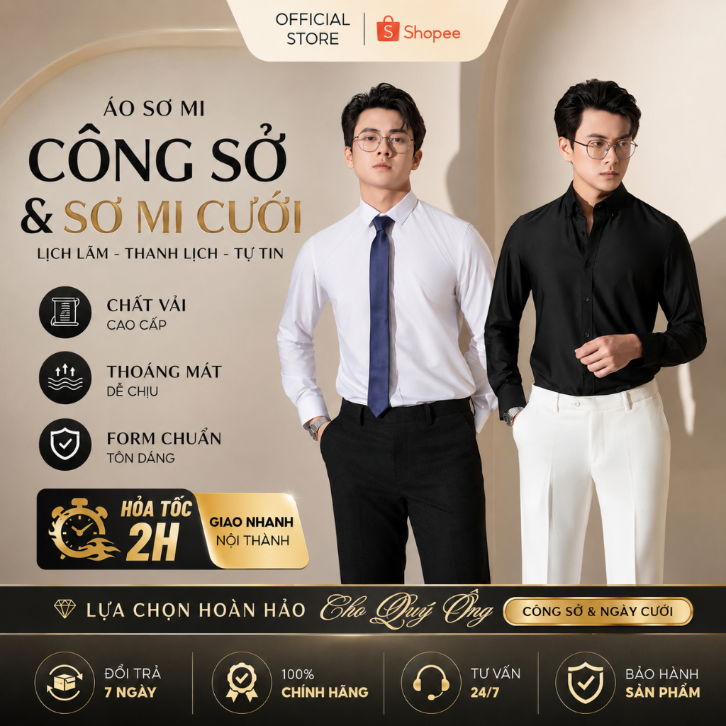 Áo Sơ Mi Nam Tay Dài Trơn Form Slimfit, Giấu Nút – Trắng/Đen Basic, Lịch Lãm Công Sở