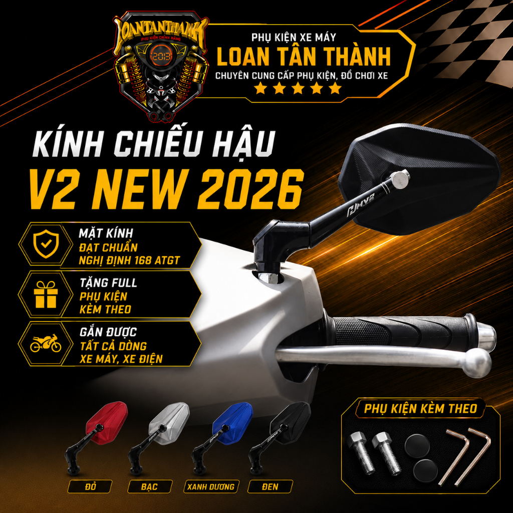 Kính V2 NEW 2026 Mặt Kính Đạt Chuẩn Nghị Định 168 ATGT Tặng Full Phụ Kiện Gắn Tất Cả Dòng Xe Máy Xe Điện