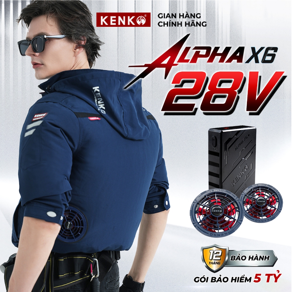 Áo Điều Hòa KENKO ALPHA X6 28V 24000mAh, Áo Gắn Quạt Chạy 5-20H Liên Tục, Quạt Không Chổi Than BH 12 Tháng