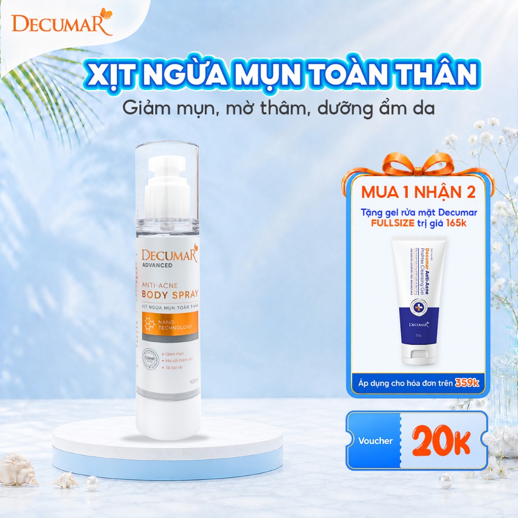 Xịt ngừa mụn lưng Decumar hỗ trợ giảm mụn cơ thể, mờ thâm, giảm viêm nang lông 100ml - XDA02