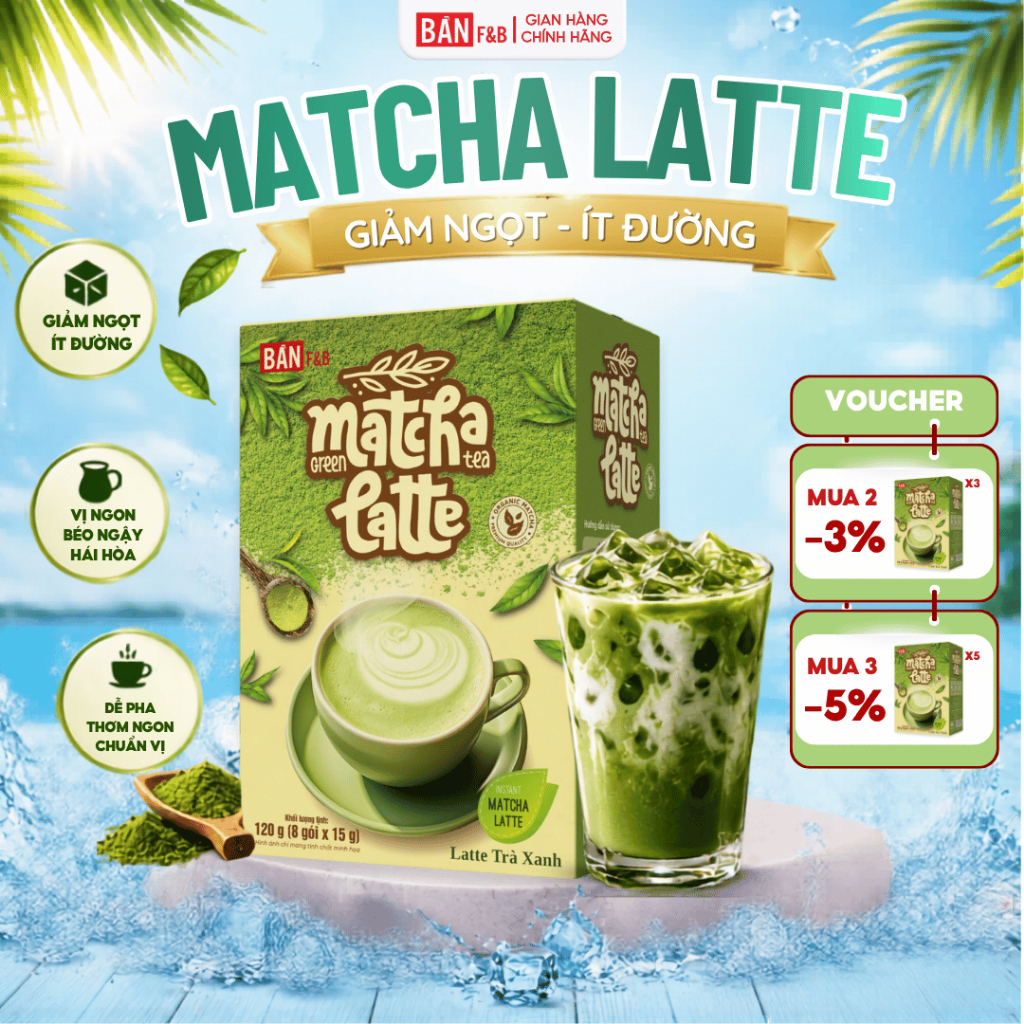 Matcha Latte BẢN F&B - Trà Xanh Nhật - 120g (8x15g) - Uống Nóng/Lạnh Đều Ngon