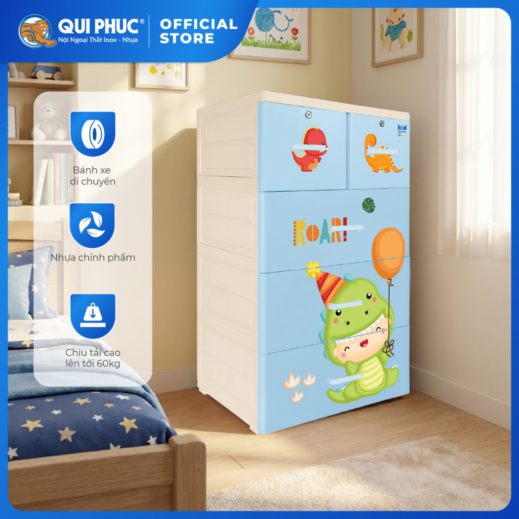 [HỎA TỐC] Tủ nhựa Kid 4 tầng QUI PHÚC, tủ đựng quần áo cho bé, an toàn, hoạt tiết dễ thương