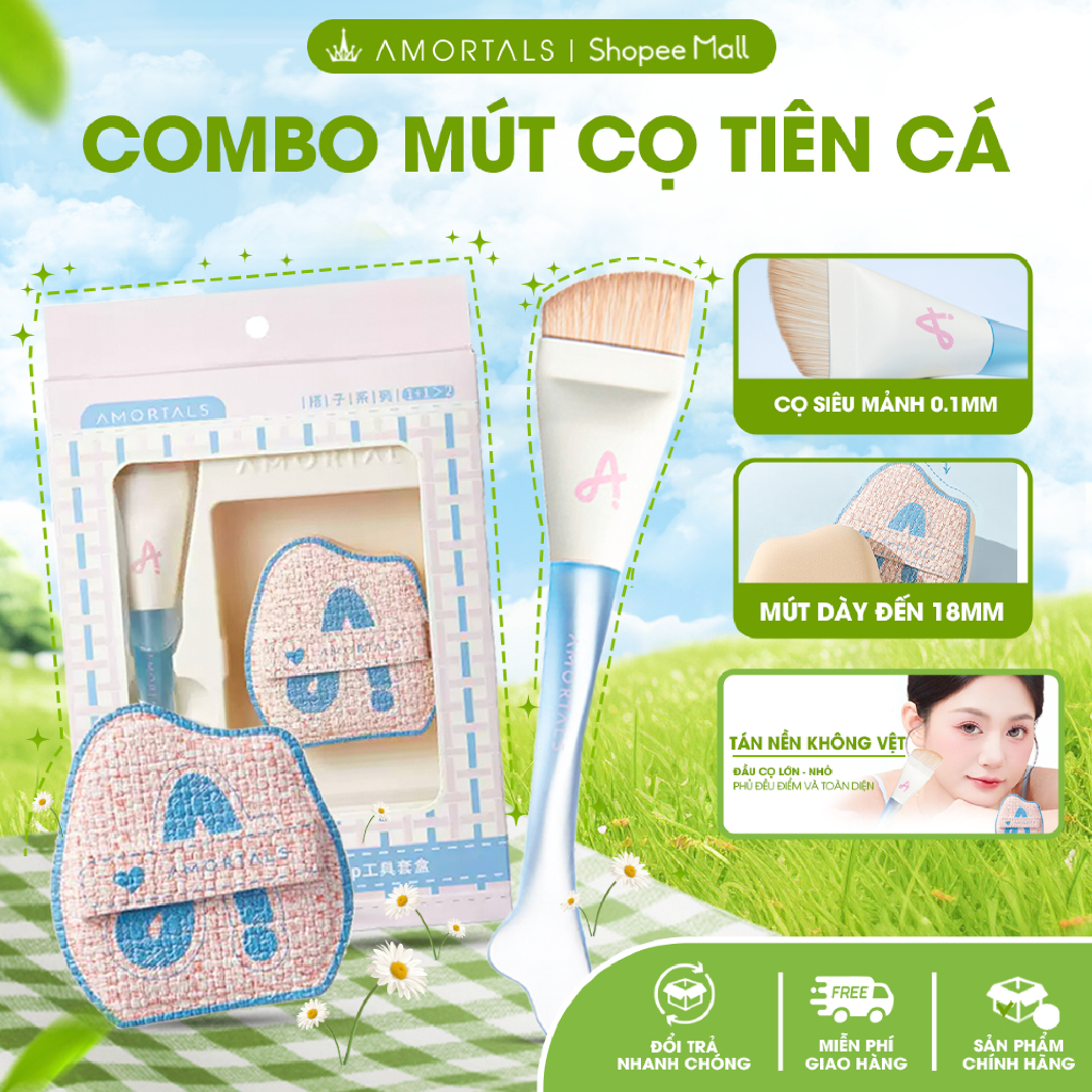 《Amortals》Combo Cọ Mút Tán Kem Nền Amortals Cọ Trang Điểm Cá Nhân Tiên Cá Mềm Mại Tán Nền, Cushion