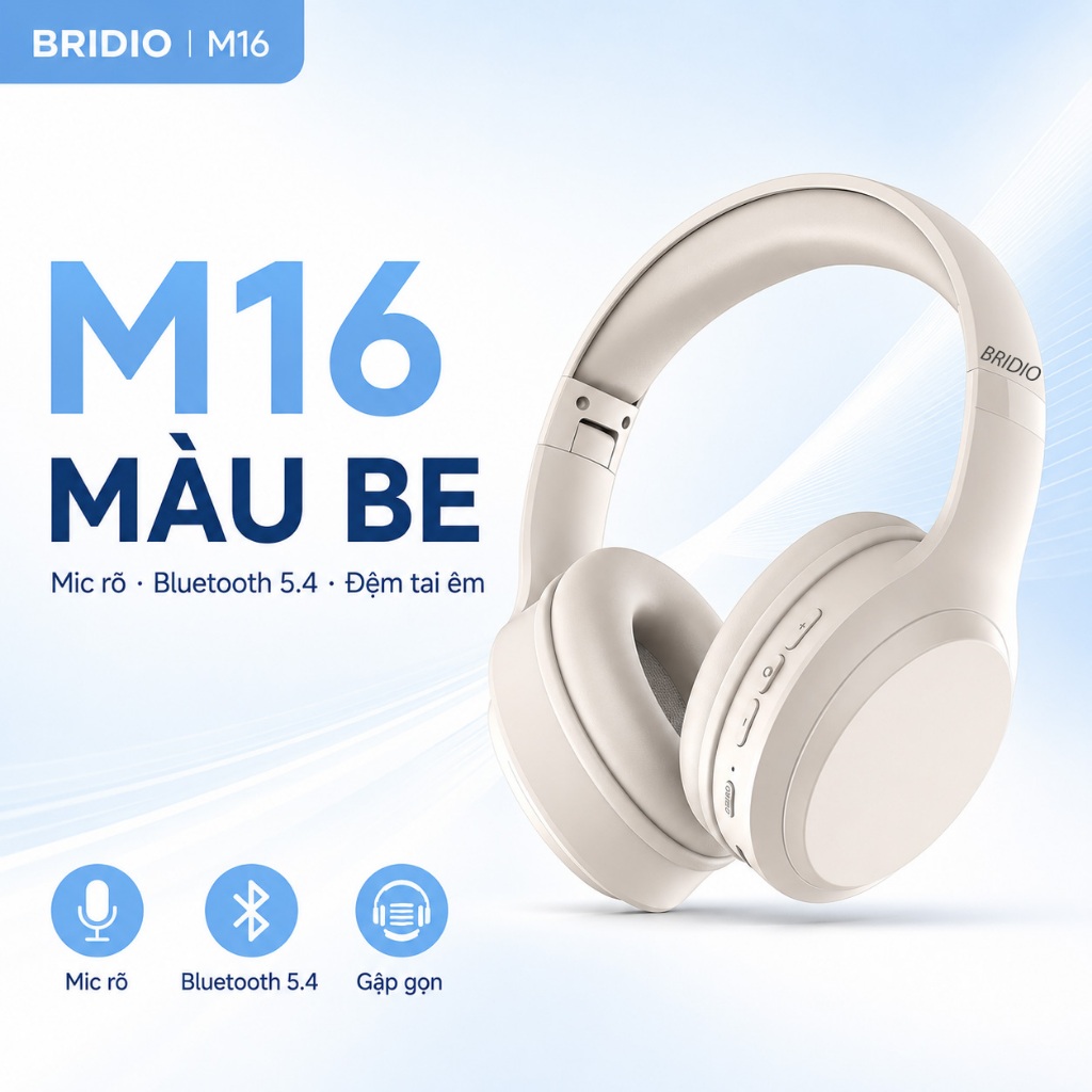Tai Nghe Chụp Tai BRIDIO M16 Bluetooth 5.4, Mic Rõ, Đệm Tai Êm, Gập Gọn, Tương Thích Điện Thoại PC