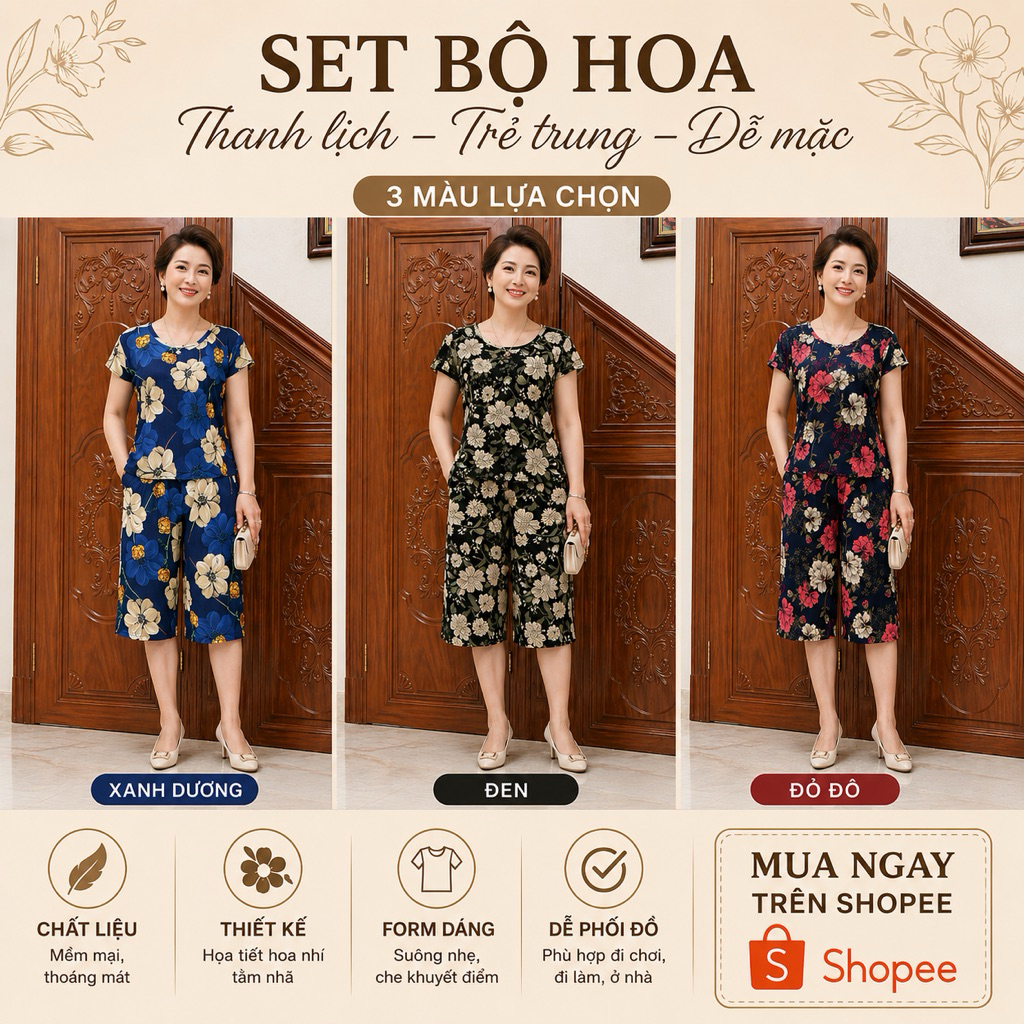 Bộ Đồ Trung Niên Cho Mẹ Và Bà , Chất Liệu Thun Tăm Mịn Mát , Quần Lửng Tay Ngắn Nữ Top dobomac nhadep set luan