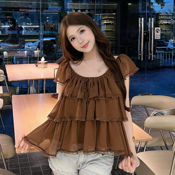 Áo Babydoll Kiểu Nữ Tay Phồng Mặc 2 Kiểu Voan Xếp Tầng Đi Biển Mùa Hè Kimee - KA860