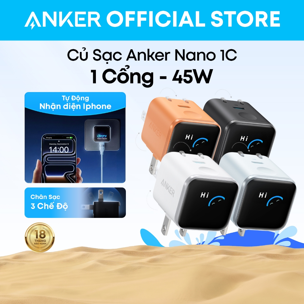 Củ sạc nhanh Anker Nano A121D 45W, thiết kế chân gập, sạc nhanh iPhone 17/16/Samsung A121D