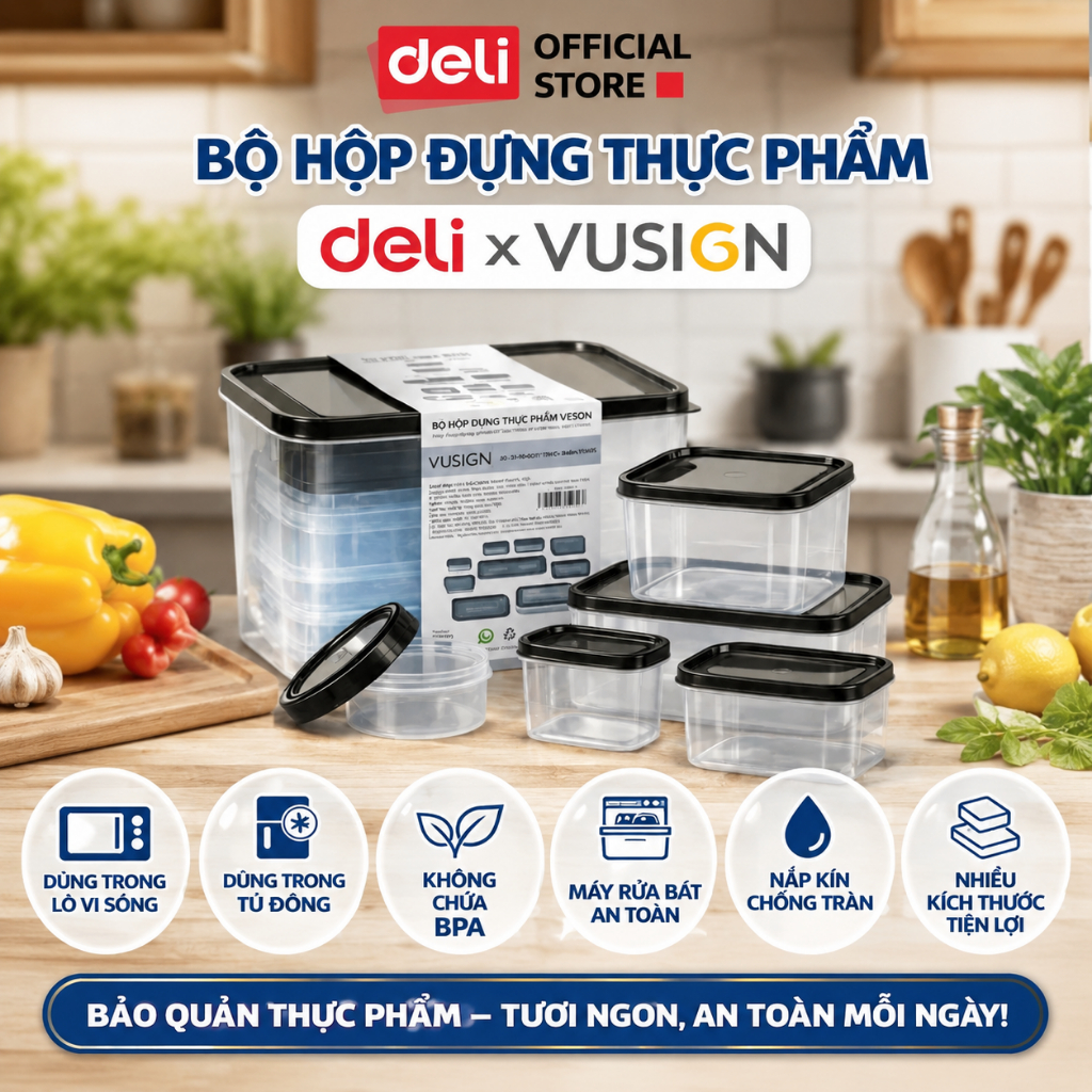 [COMBO 30 HỘP] Bộ hộp 15 chi tiết hộp đựng thực phẩm DELIxVUSIGN đủ size từ 250 - 1500ml dùng cho lò vi sóng