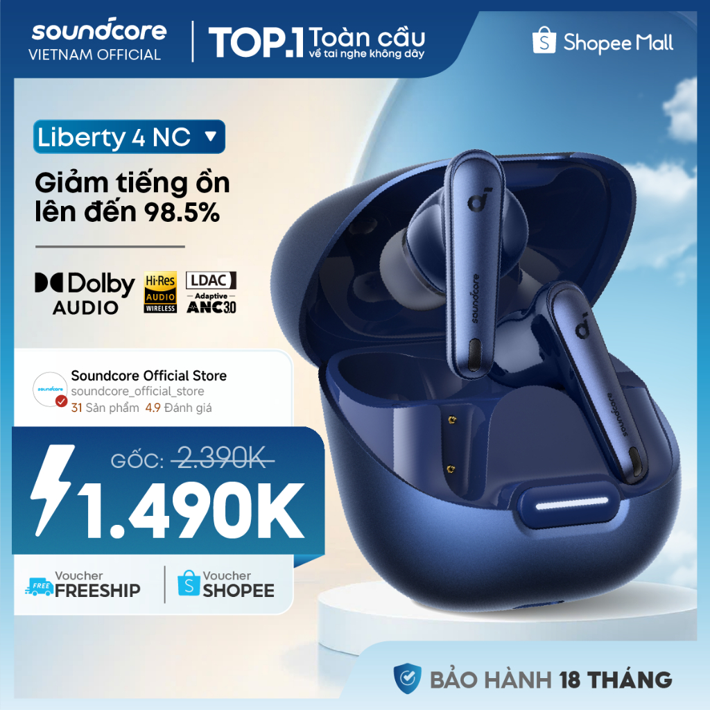 Tai nghe bluetooth soundcore Liberty 4NC | Chống ồn ANC 50 giờ phát nhạc | Sạc nhanh | Tích hợp phiên dịch