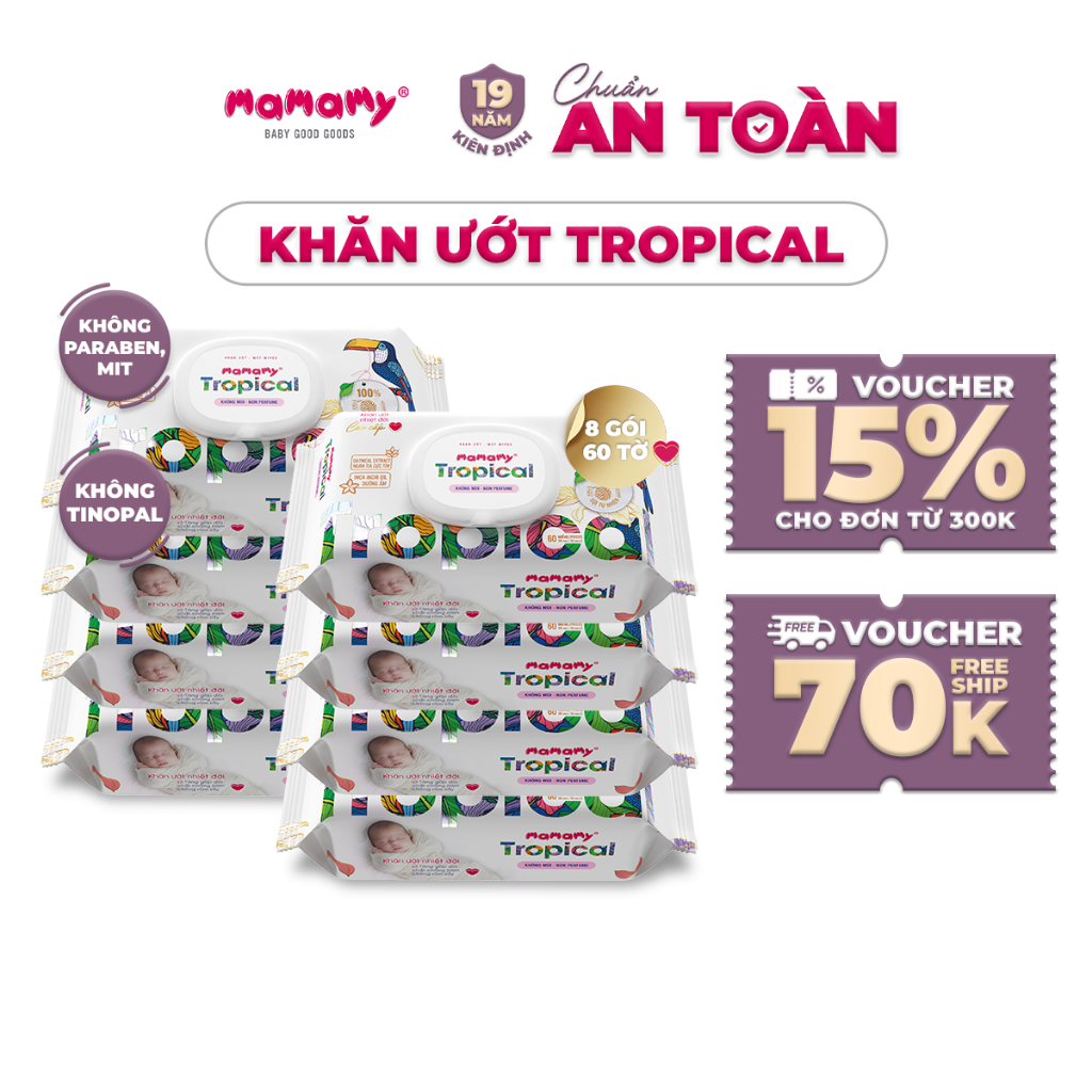 Combo 8 gói khăn ướt cao cấp cho bé Mamamy Tropical gói 60 tờ 100% sợi tự nhiên và rayon ngừa hăm, mềm dai sạch cực