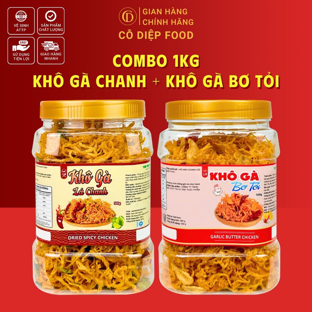 1KG Khô Gà Lá Chanh, Khô Gà Bơ Tỏi Cô Diệp Food Thơm Ngon (Đầy Đủ Hồ Sơ Công Bố & Kiểm Nghiệm Sản Phẩm)