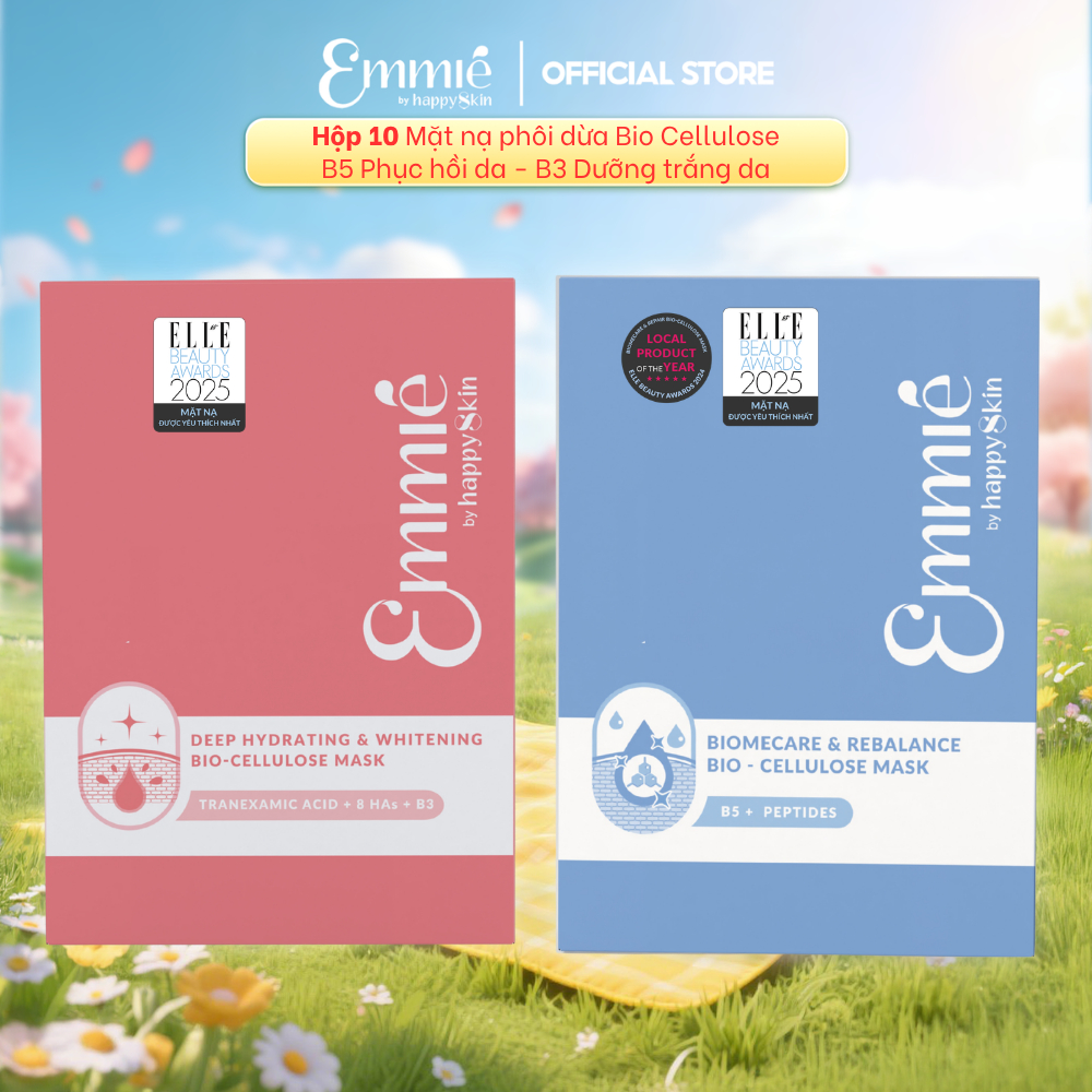 HỘP 10 Miếng Mặt nạ sinh học phôi dừa Bio Cellulose B5 Phục hồi da B3 Dưỡng trắng 25gx10 Emmie by Happyskin