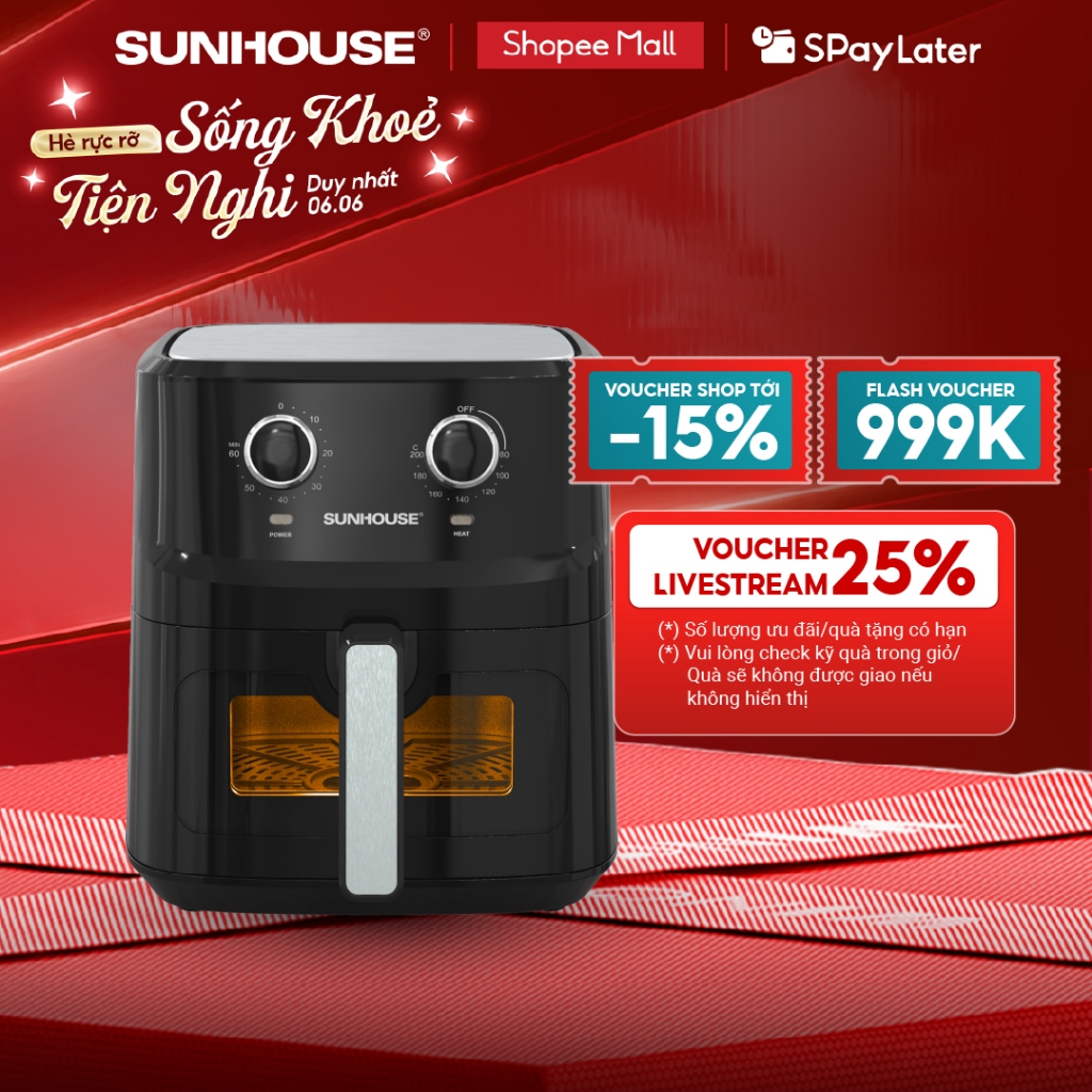 Nồi chiên không dầu 6.5L SUNHOUSE SHD4030 - Công nghệ Rapid Air giảm tới 80% dầu mỡ