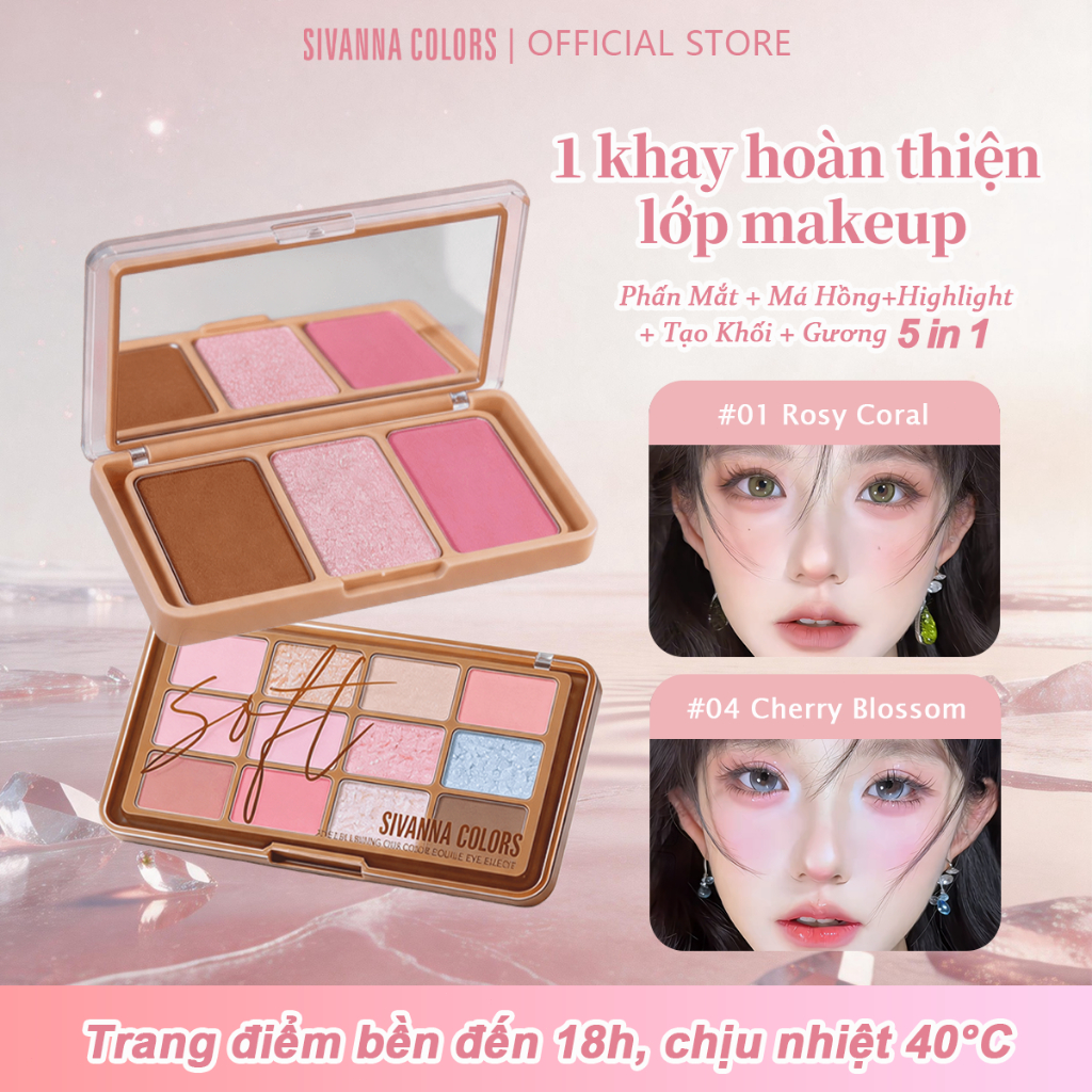 Bảng Phấn Mắt SIVANNA COLORS 1 khay hoàn thiện lớp makeup MẮT+MÁ+HIGHLIGHT+KHỐI+GƯƠNG 5IN1, Soft Blurring Makeup Palette