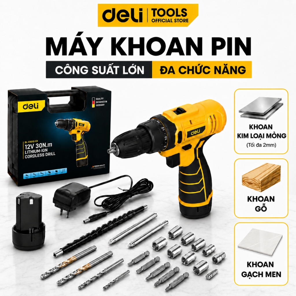 [HỎA TỐC] Máy Khoan Pin Cầm Tay, Máy Bắn Vít Deli Pin 12V - Bảo hành 12 tháng - Gỗ, Kim Loại, Gạch