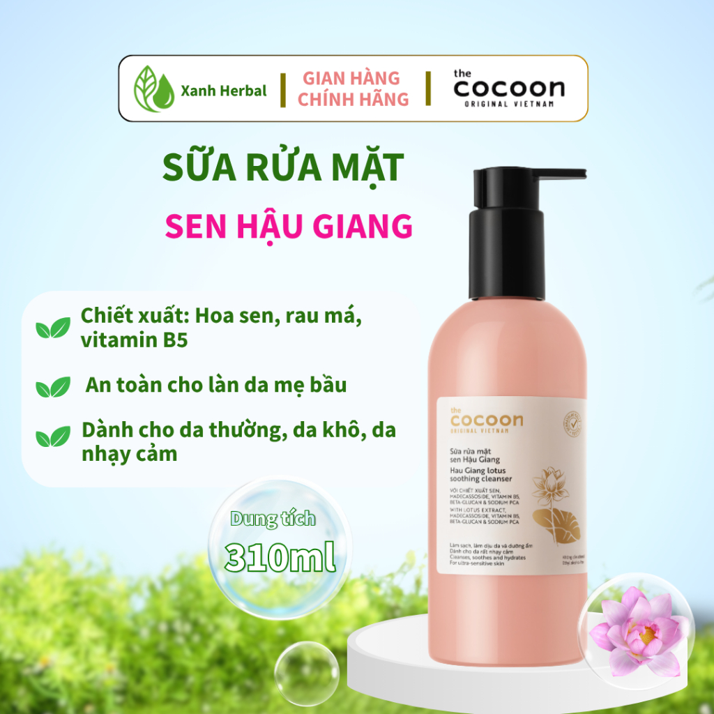 Sữa Rửa Mặt Sen Hậu Giang Cocoon 310ml | Làm Sạch Dịu Nhẹ, Cấp Ẩm, Dành Cho Da Mỏng Manh & Nhạy Cảm