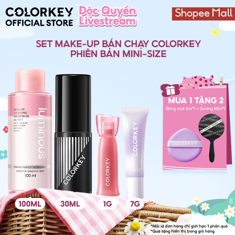 [LIVE DAILY] Set Makeup Mini COLORKEY Xịt khoá 30ml & Son Watery Tint 1g & Kem Lót 7g & Nước Tẩy Trang 100ml