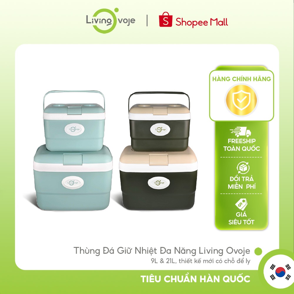 Thùng Đá Giữ Nhiệt Đa Năng Hàn Quốc Living Ovoje 9L & 21L, Thiết Kế Mới Có Chỗ Để Ly