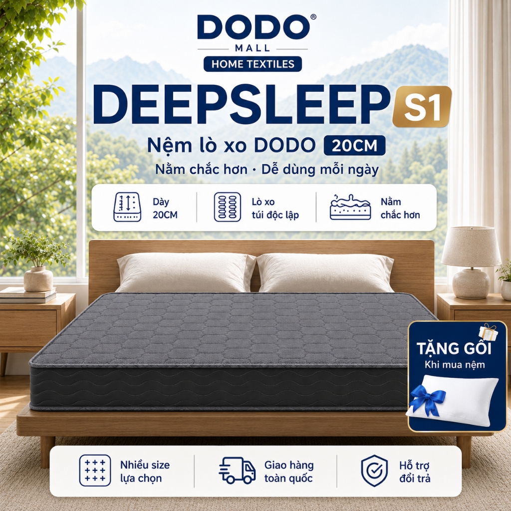 (Tặng gối bông)DODO Nệm Lò Xo Túi Độc Lập 20cm,Thoáng Khí Hỗ Trợ Toàn Thân Bảo Hành 10 Năm-1m2/1m6