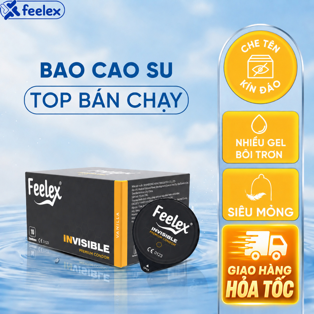 Bao cao su Feelex siêu mỏng, kéo dài thời gian, gân gai, nhiều gel bôi trơn - Hộp 10 bcs