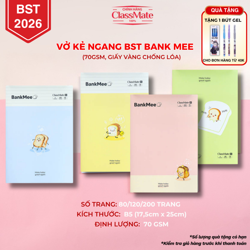 Vở Kẻ Ngang 80/120/200 Trang Bank MEE CLASSMATE Bìa Dày Chống Nước Giấy 70gsm Chống Lóa Không Thấm NB5-08-0341
