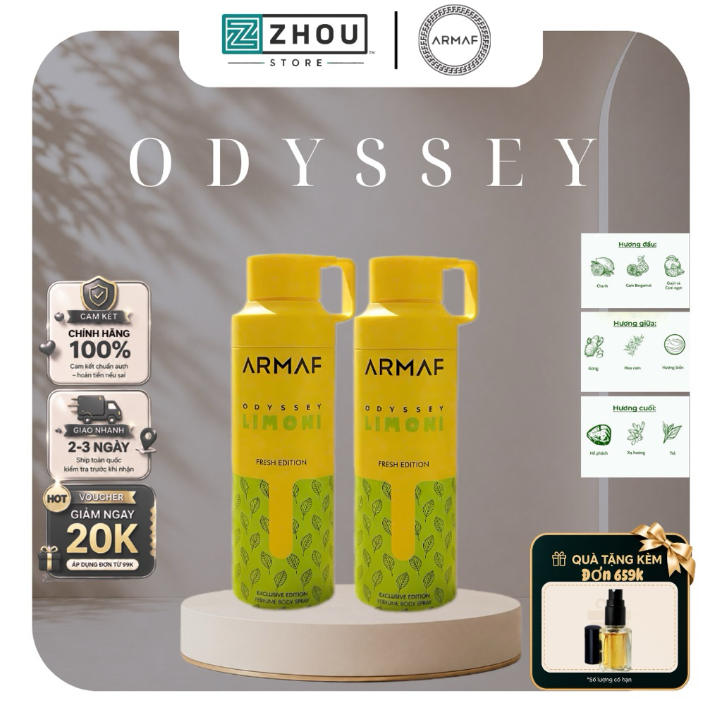 Xịt Thơm Toàn Thân Armaf Odyssey Limoni Fresh Edition 200ml - Hương Citrus Tươi Mát, Thanh Lịch