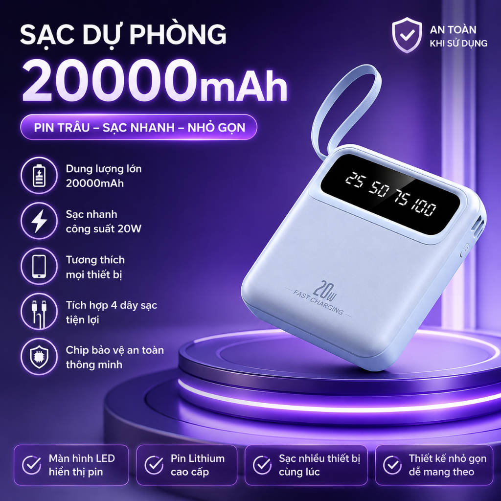 Bộ Sạc Nhanh Di Động 20000mAh với 4 Cáp Dữ Liệu Màn Hình Thông Minh Nhiều Cổng Hiển Thị Pin