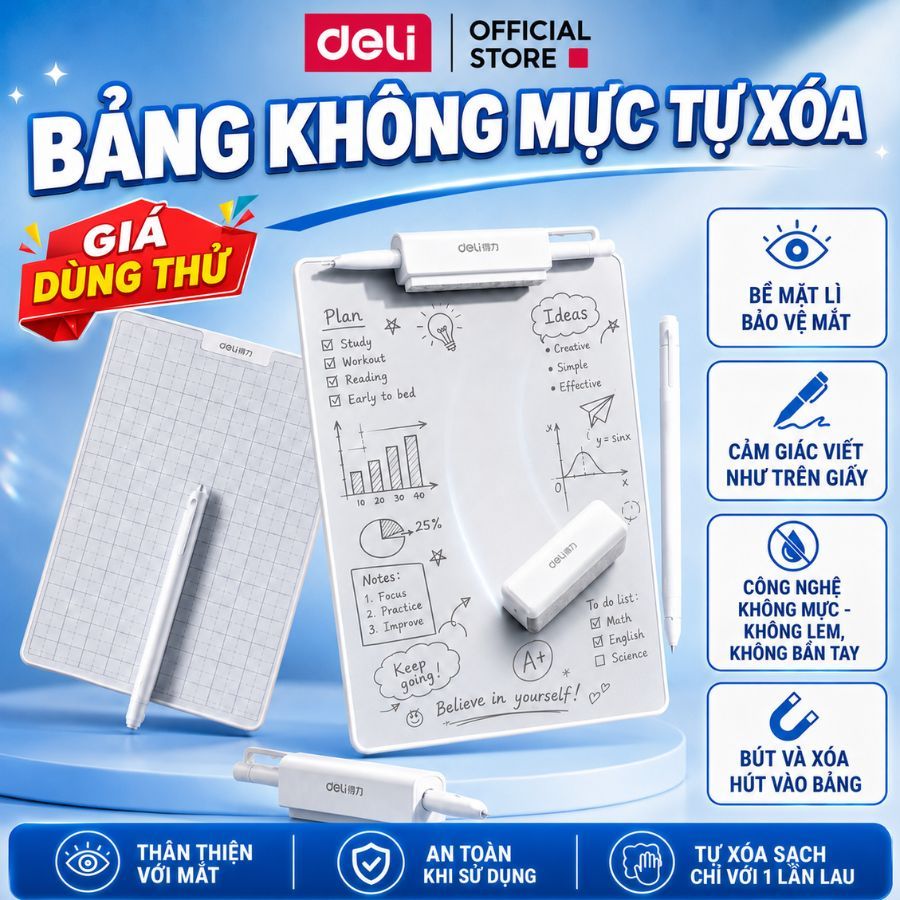 Bảng Tự Xóa Không Mực Deli - Bảng Trơn/ Ô Ly Màn Hình Nhám Kèm Bút Ngòi 0.65mm Viết Như Paperlike, Bảo Vệ Mắt