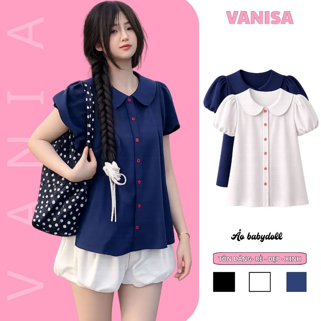 Áo sơ mi nữ kiểu bèo cổ sen tay bồng dáng babydoll form rộng xanh đen siêu xinh VANISA SM933