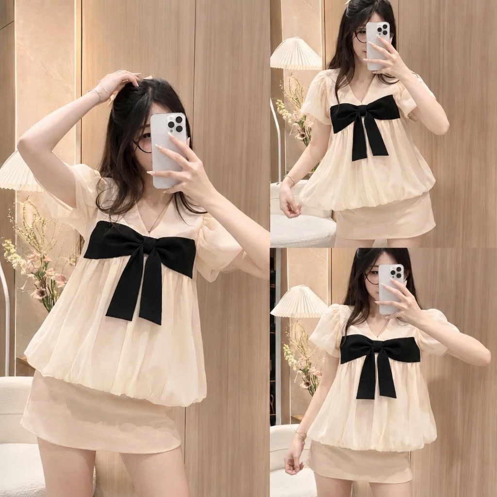 Áo Babydoll Tay Bồng 2 Lớp Dáng Bí Cổ Tim Đính Nơ Tiểu Thư Dễ Thương MS149