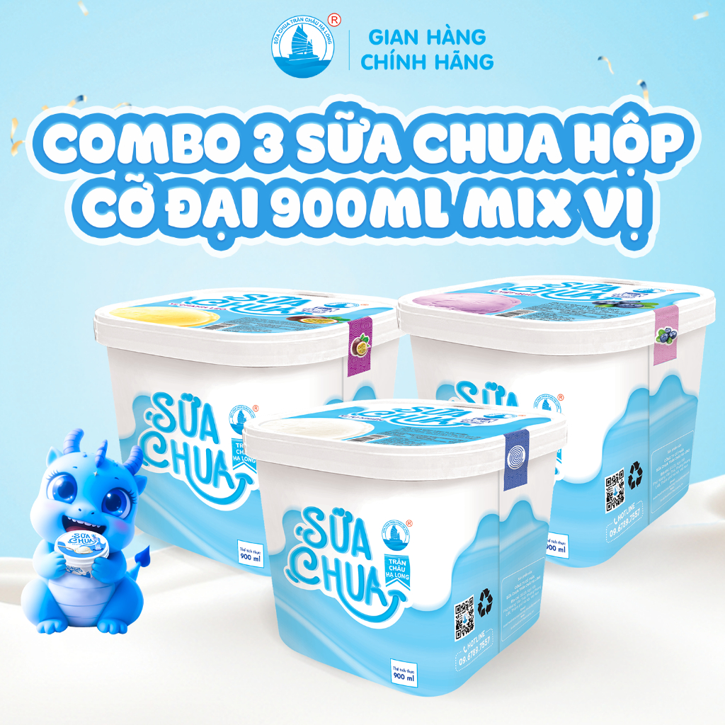 [Hoả tốc HN] Combo 3 Hộp Sữa Chua Hạ Long Size Đại 900ml mix vị