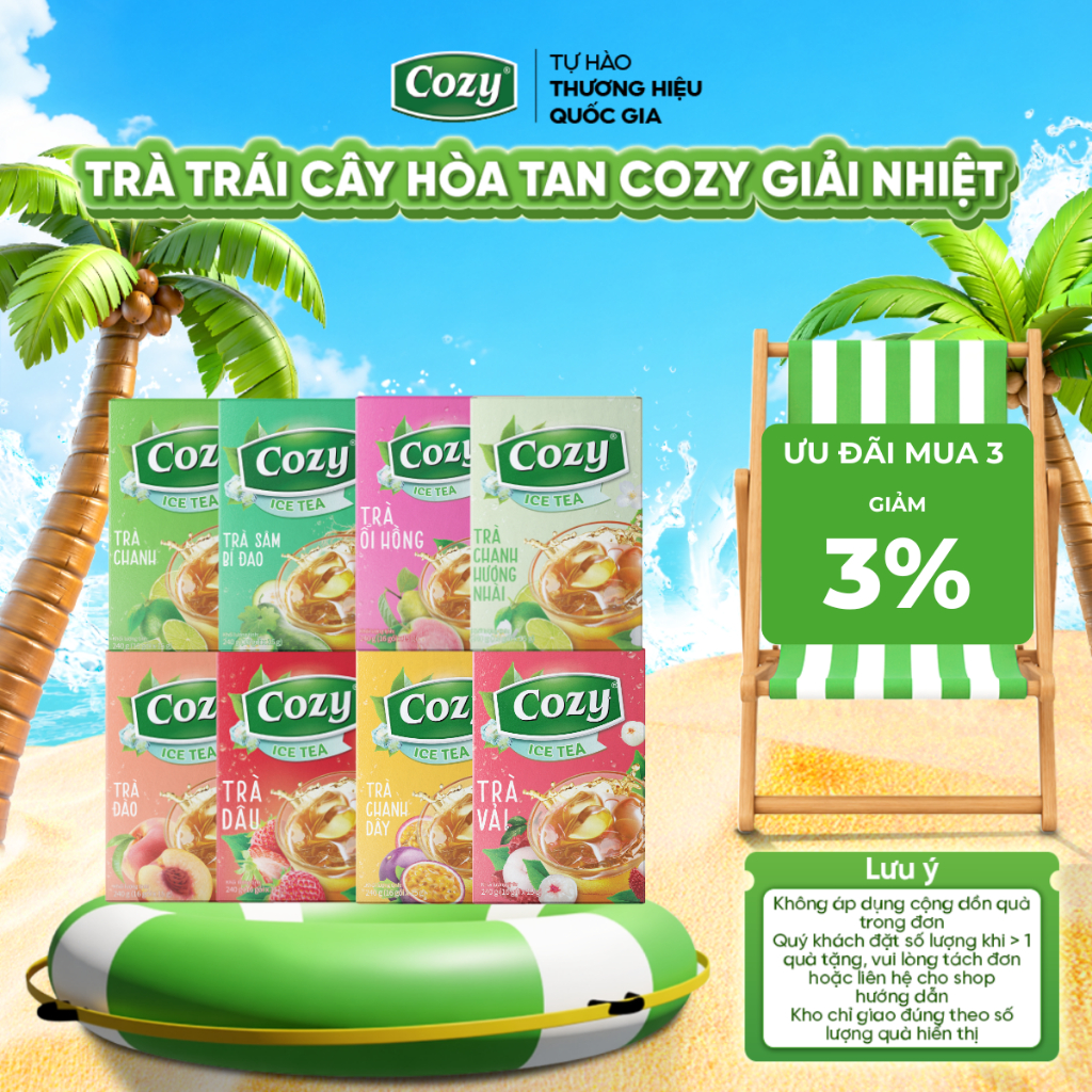 Trà Cozy Trà Đen Hòa Tan Các Vị Trái Cây Trà Đào, Gừng, Chanh, Vải, Dâu, Ổi hồng, Chanh dây, Sâm Bí Đao