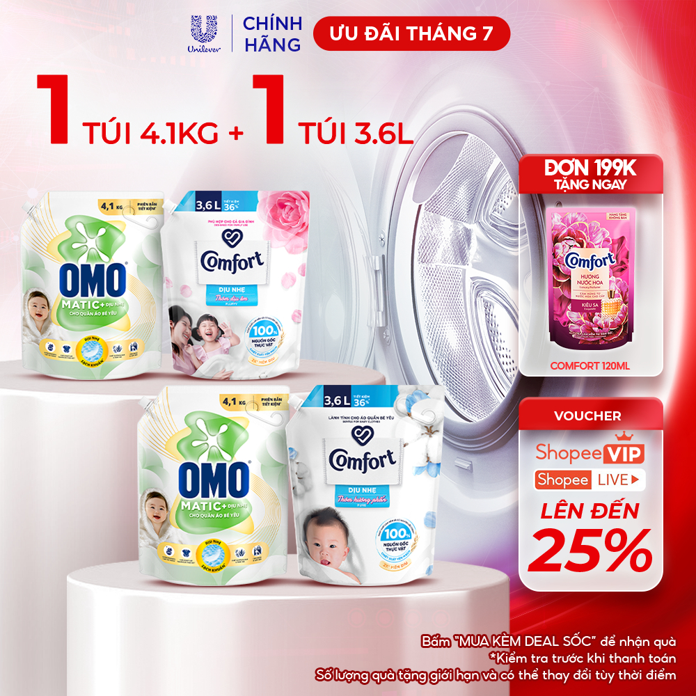 Combo Túi Nước Giặt Omo Matic Cho quần áo bé yêu 4,1kg + Nước Xả Vải Comfort Dịu Nhẹ Túi 3,6L