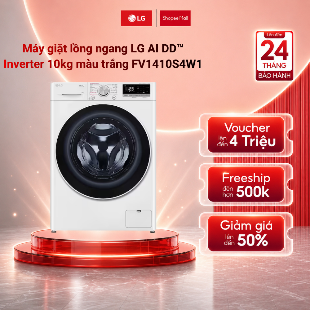 [Shopee Lắp Đặt 0Đ HN HCM] - Máy giặt lồng ngang LG AI DD™ Inverter 10kg màu trắng FV1410S4W1 Chính Hãng