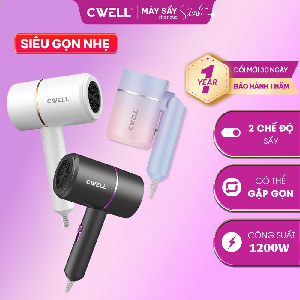 Máy sấy tóc mini CWELL C01HD gấp gọn, 1200W sấy nhanh, 2 chế độ nóng lạnh, ánh sáng xanh bảo vệ tóc
