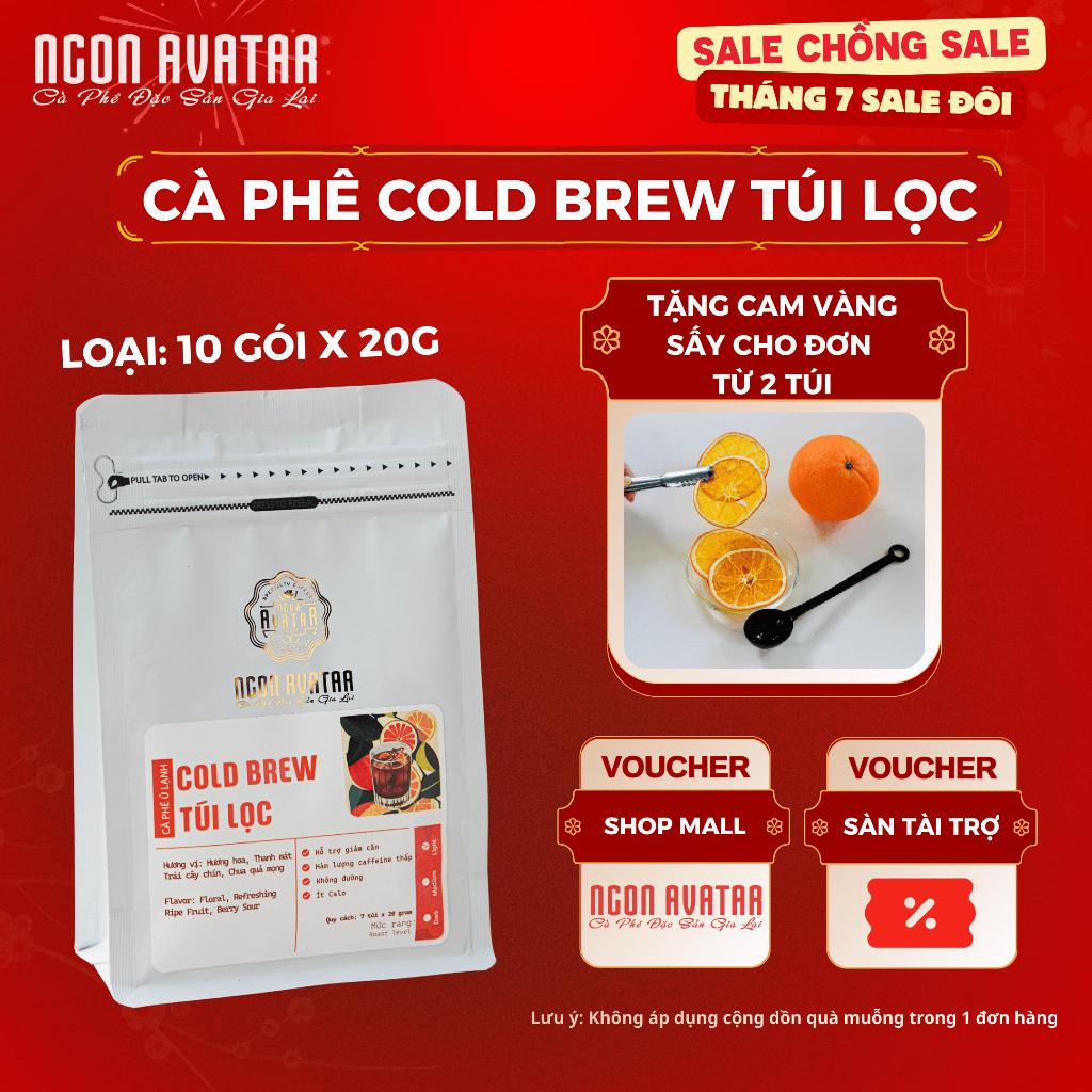 Cà phê Cold Brew túi lọc phiên bản tiết kiệm 10 túi x 20gram nhà Ngon Avatar với 100% Arabica đặc sản