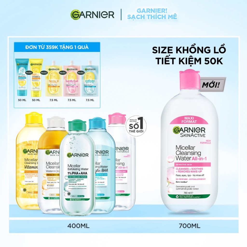 [CÓ SIZE MỚI] Nước Tẩy Trang làm sạch sâu dịu nhẹ cho mọi loại da - Garnier Micellar Cleansing Water 400ml & 700ml