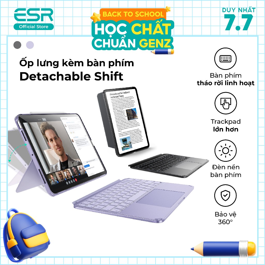 Ốp lưng kèm bàn phím ESR Detachable Shift dành cho iPad Air 4/5/6/7/8, Gen 11/A16/10, Pro M4/M5 tháo rời linh hoạt