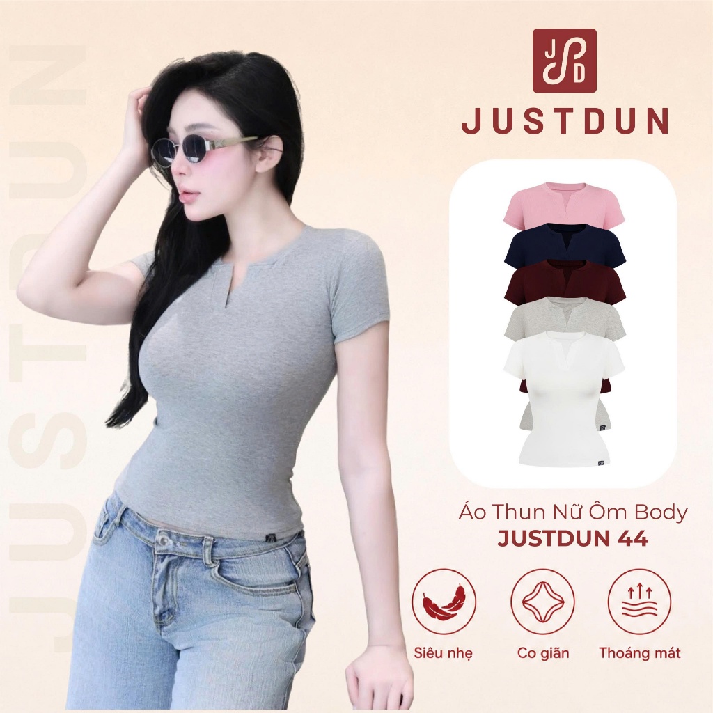 Áo Thun Nữ Ôm Body JUSTDUN E44 – Cổ Trụ Tàu Tay Ngắn, Vải Cotton Mềm Mịn Co Giãn 4 Chiều, Thoáng Mát
