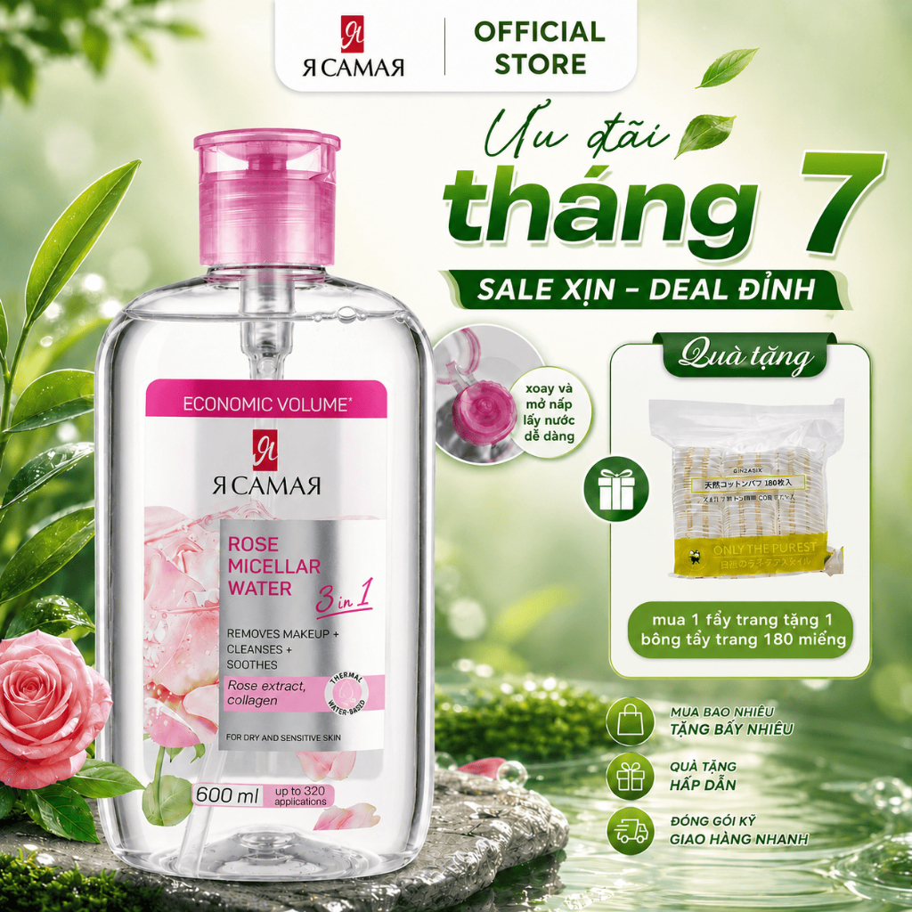 Nước tẩy trang YA SAMAYA 3in1 600ml Micellar Water làm sạch, giữ ẩm và dưỡng mềm da